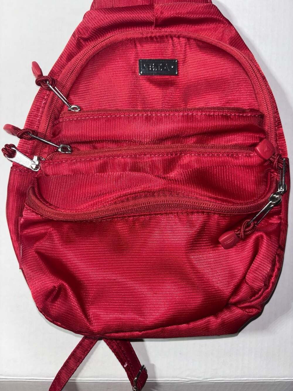 E. T.A. Small Red Nylon Multi-Zip Sling/Mini Backpack
